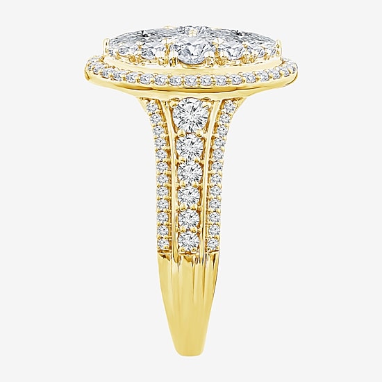 (F / Vs2) Womens 2 CT. T.W. Lab Grown White Diamond 10K Gold Oval Side Stone Halo Engagement Ring