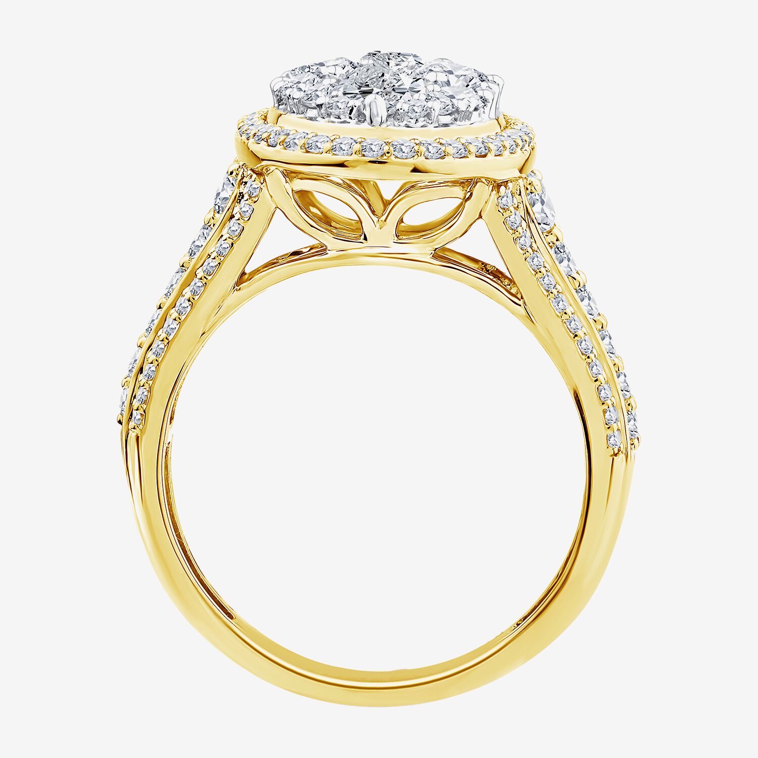 (F / Vs2) Womens 2 CT. T.W. Lab Grown White Diamond 10K Gold Oval Side Stone Halo Engagement Ring