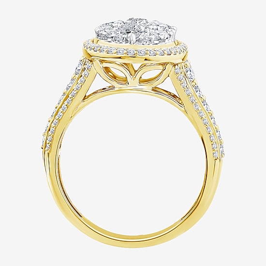 (F / Vs2) Womens 2 CT. T.W. Lab Grown White Diamond 10K Gold Oval Side Stone Halo Engagement Ring