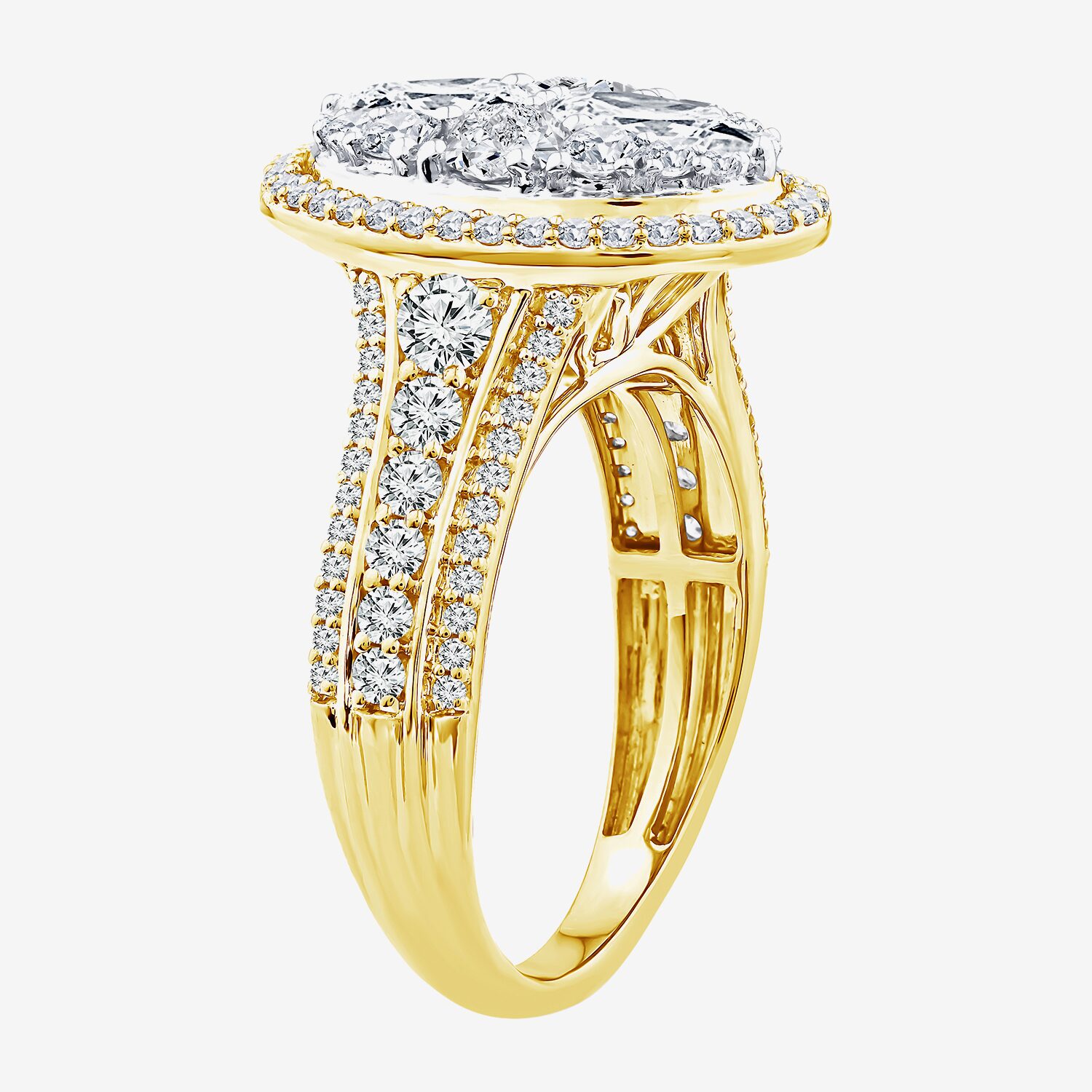(F / Vs2) Womens 2 CT. T.W. Lab Grown White Diamond 10K Gold Oval Side Stone Halo Engagement Ring