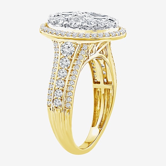 (F / Vs2) Womens 2 CT. T.W. Lab Grown White Diamond 10K Gold Oval Side Stone Halo Engagement Ring