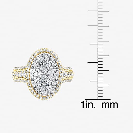 (F / Vs2) Womens 2 CT. T.W. Lab Grown White Diamond 10K Gold Oval Side Stone Halo Engagement Ring