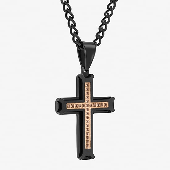 Mens Genuine Brown Quartz Stainless Steel Cross 24 Inch Pendant Necklace