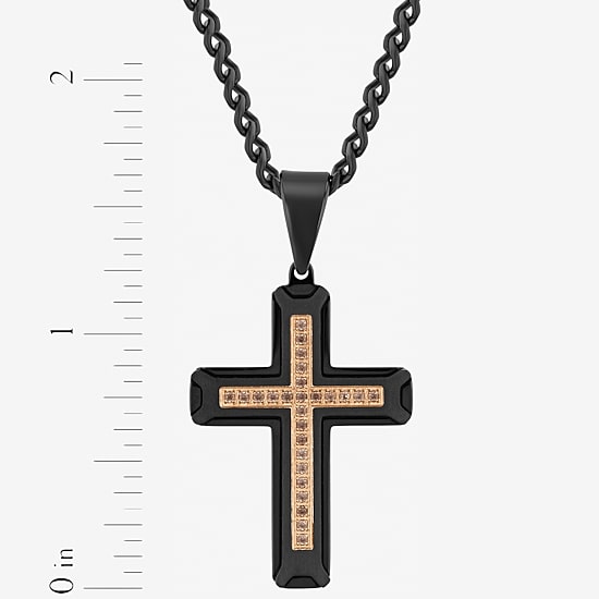 Mens Genuine Brown Quartz Stainless Steel Cross 24 Inch Pendant Necklace