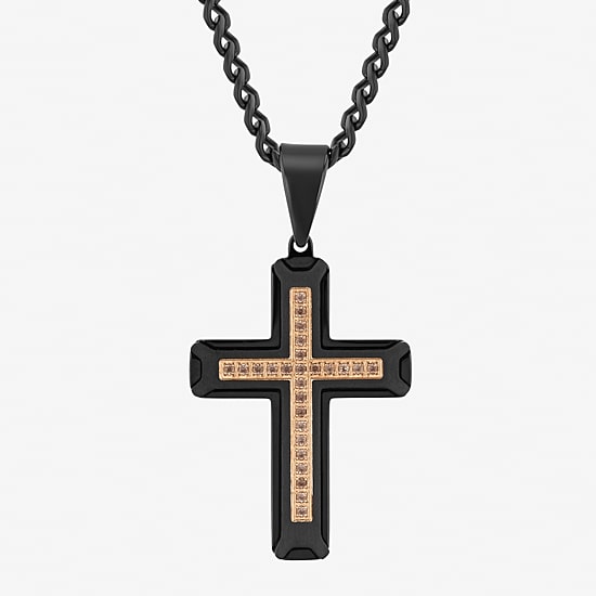 Mens Genuine Brown Quartz Stainless Steel Cross 24 Inch Pendant Necklace
