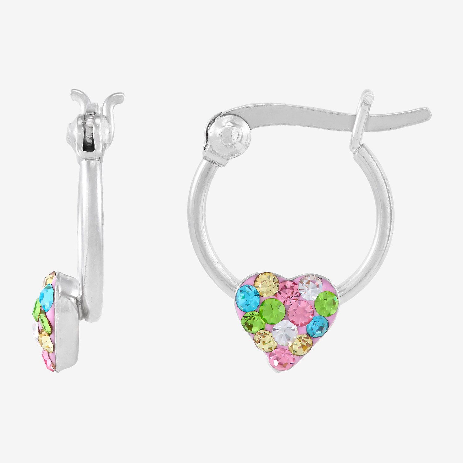 Girls Lab Created Multi Color Crystal Sterling Silver 16.6mm Heart Hoop Earrings