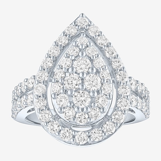 (G-H / Si2-I1) Womens 2 CT. T.W. Lab Grown White Diamond Sterling Silver Pear Halo Side Stone Cocktail Ring