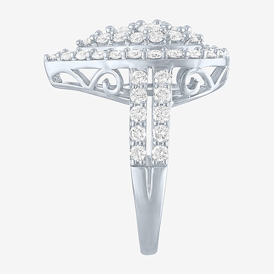 (G-H / Si2-I1) Womens 2 CT. T.W. Lab Grown White Diamond Sterling Silver Pear Halo Side Stone Cocktail Ring