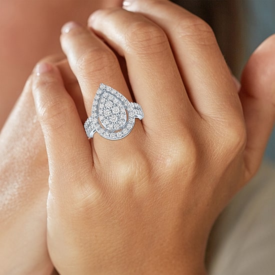 (G-H / Si2-I1) Womens 2 CT. T.W. Lab Grown White Diamond Sterling Silver Pear Halo Side Stone Cocktail Ring