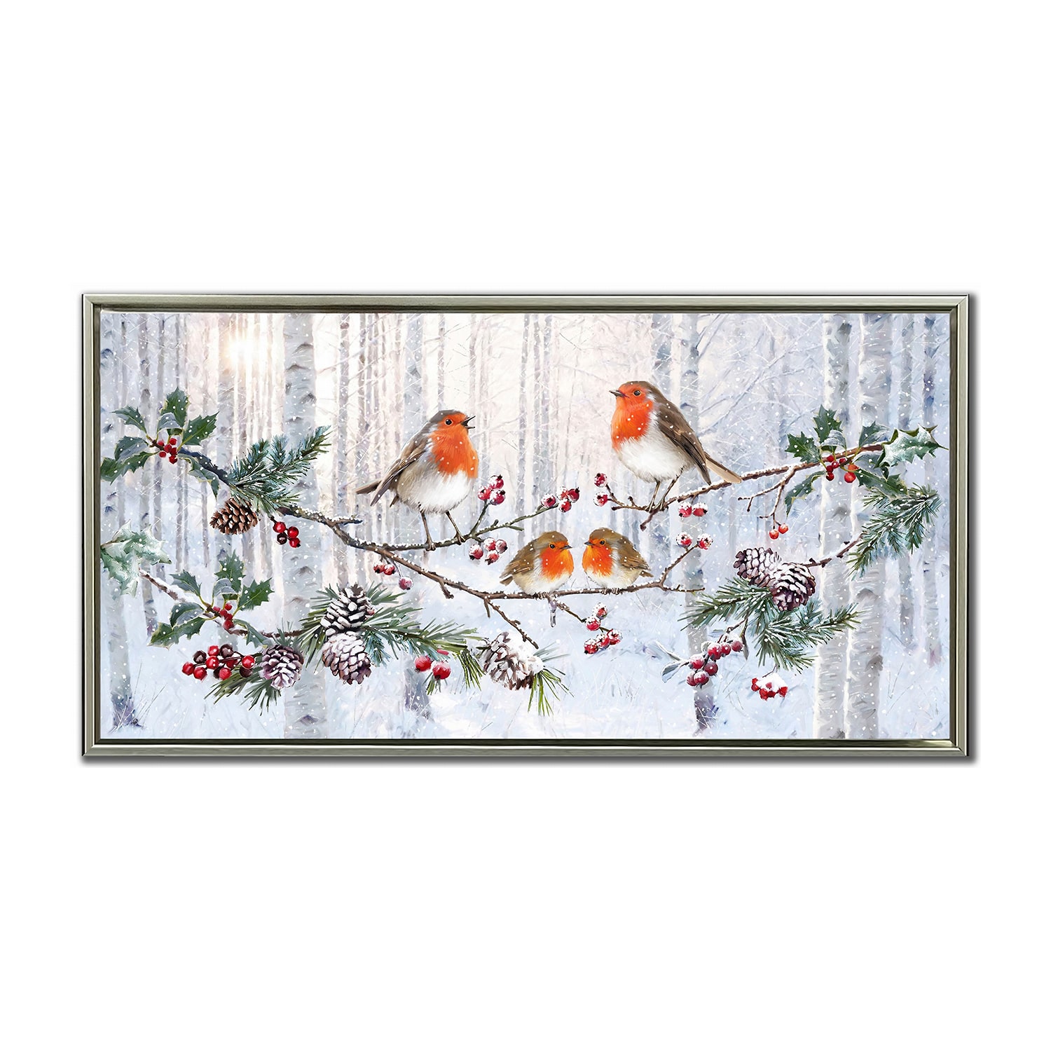 Streamline Art Robins In Winter Forest Embellished Canvas Art