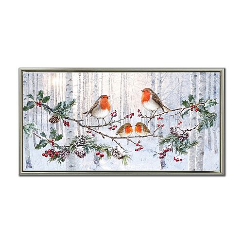 Streamline Art Robins In Winter Forest Embellished Canvas Art In Green