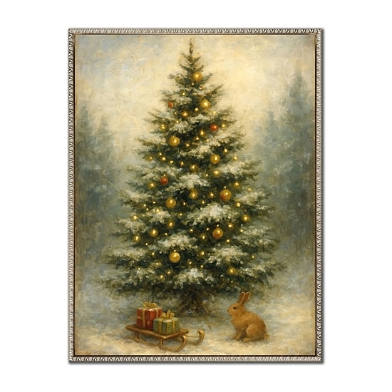 Streamline Art Christmas Tree And Rabbit Embellished Canvas Art