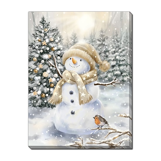 Streamline Art Snowman And Robin Embellished Canvas Art
