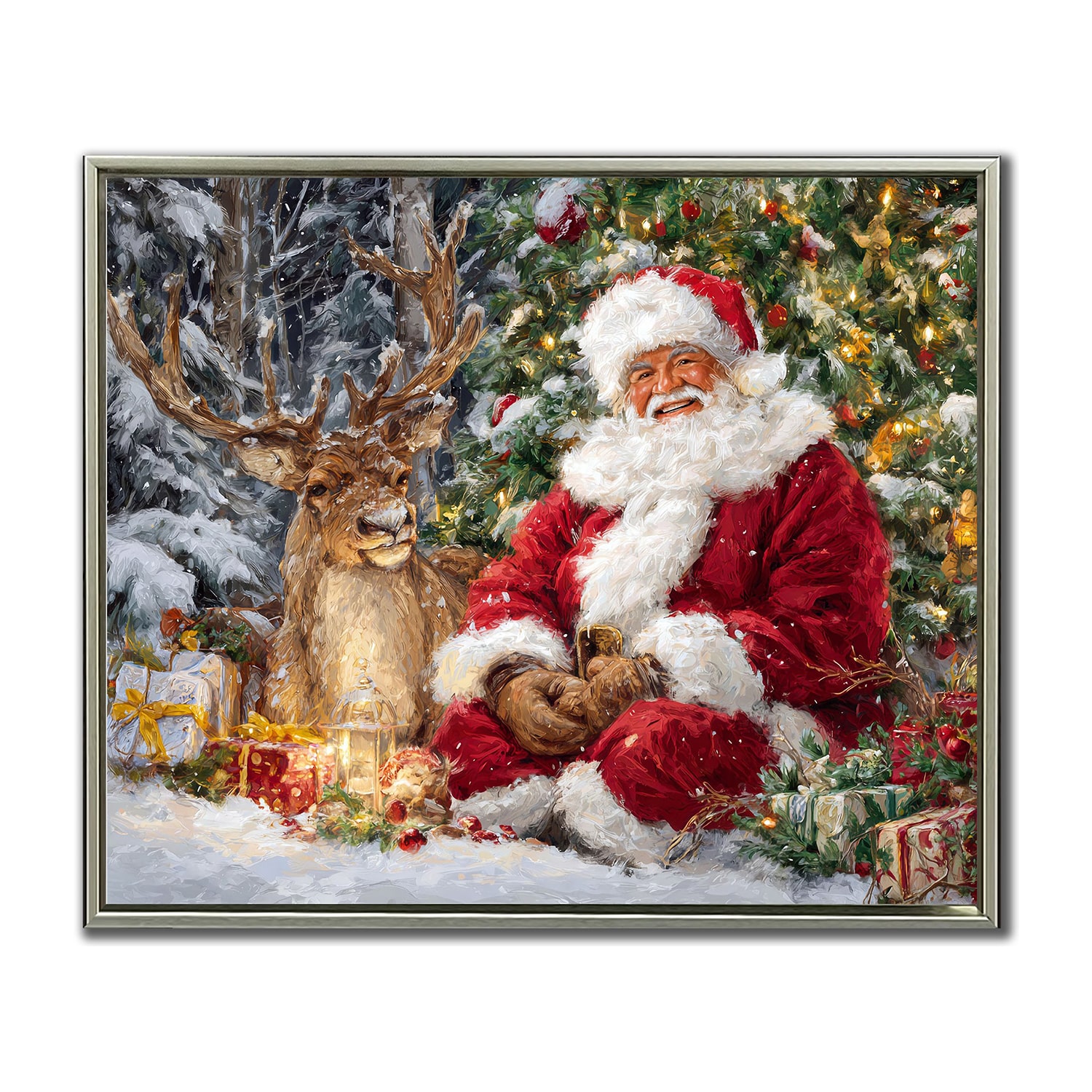 Streamline Art Santa With Reindeer Embellished Canvas Art