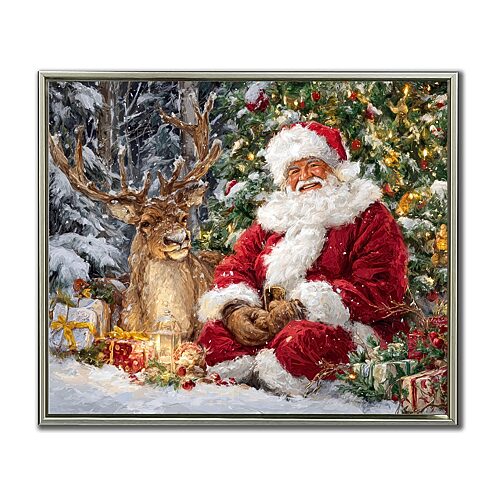 Streamline Art Santa With Reindeer Embellished Canvas Art In Red