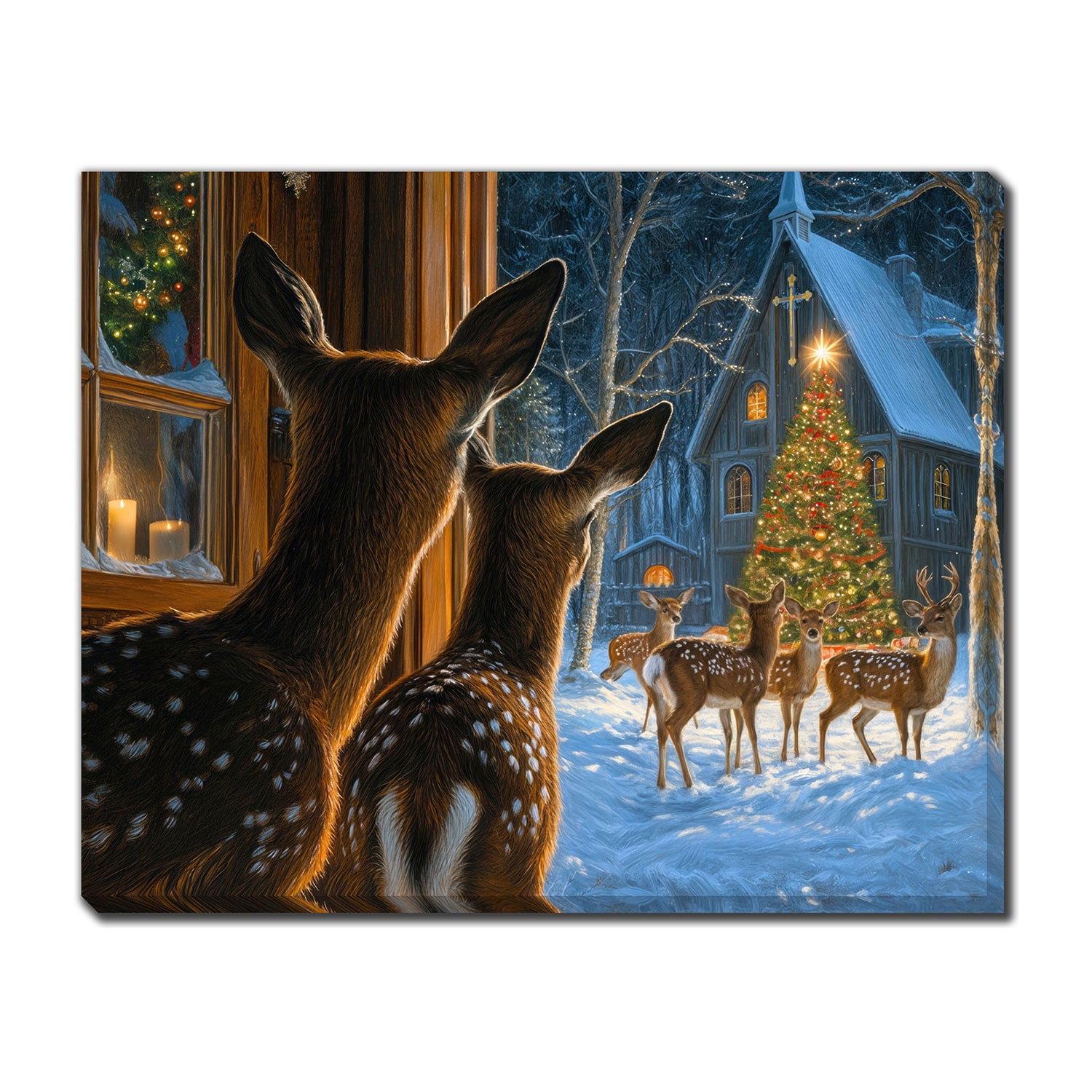 Streamline Art Deer At The Church Christmas Light-Up Canvas Art