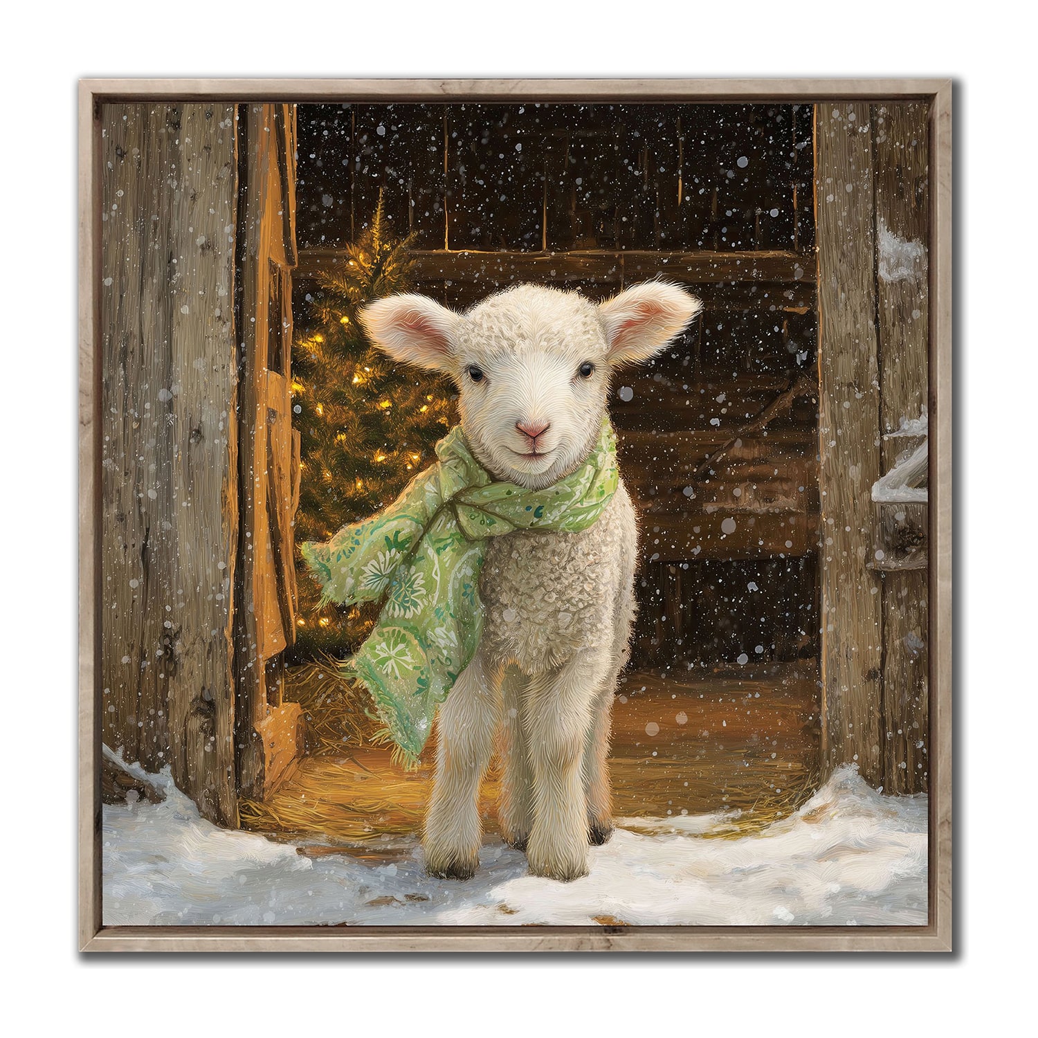 Streamline Art Christmas Lamb Barn Embellished Canvas Art