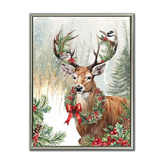 Streamline Art Christmas Deer In The Forest Embellished Canvas Art