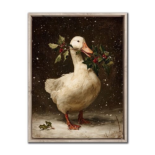 Streamline Art Duck With Holly Embellished Canvas Art In White