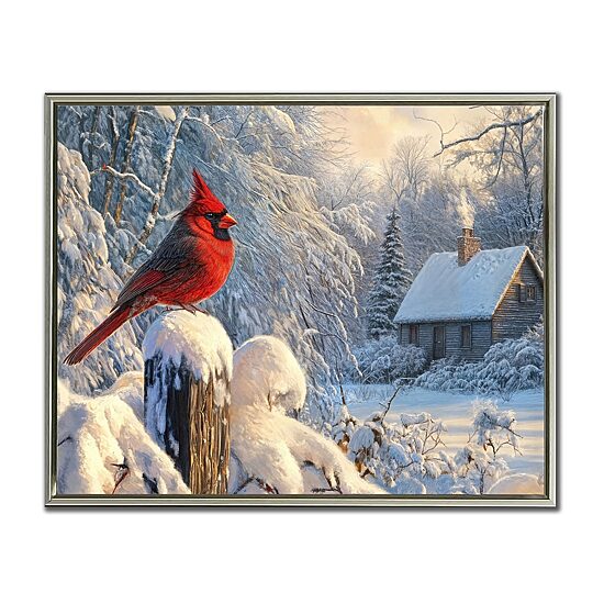 Streamline Art Cardinal On A Snowy Fence Embellished Canvas Art