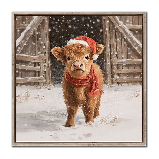 Streamline Art Highland Calf Santa Embellished Canvas Art