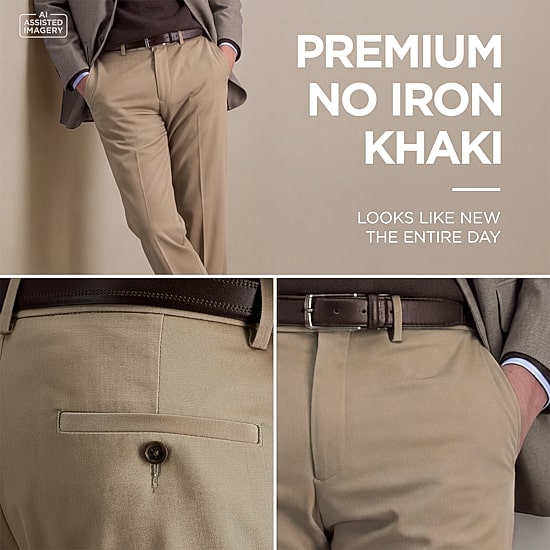 Haggar Premium No Iron Khaki Mens Comfort Waistband Slim Fit Flat Front Pant
