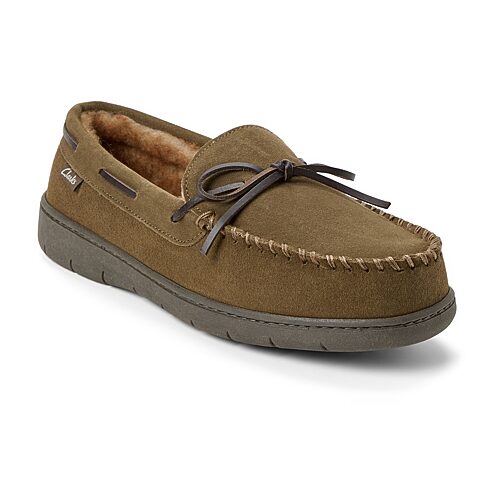 Clarks Men's Genuine Cow Suede Moccasin With Leather Lacing And Tipped Faux Fur Slippers - Sage