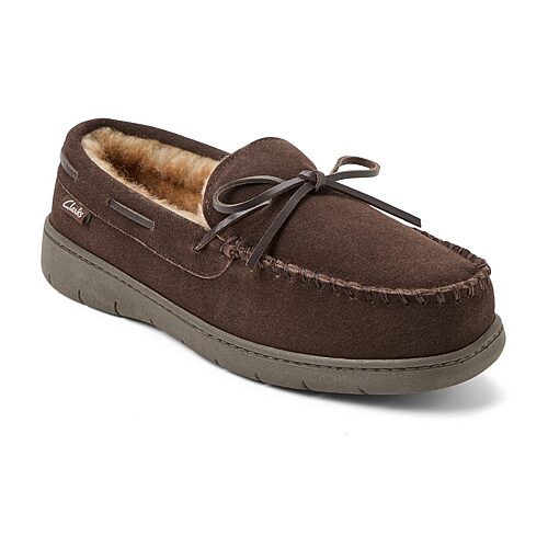 Clarks Men's Genuine Cow Suede Moccasin With Leather Lacing And Tipped Faux Fur Slippers - Dark brown