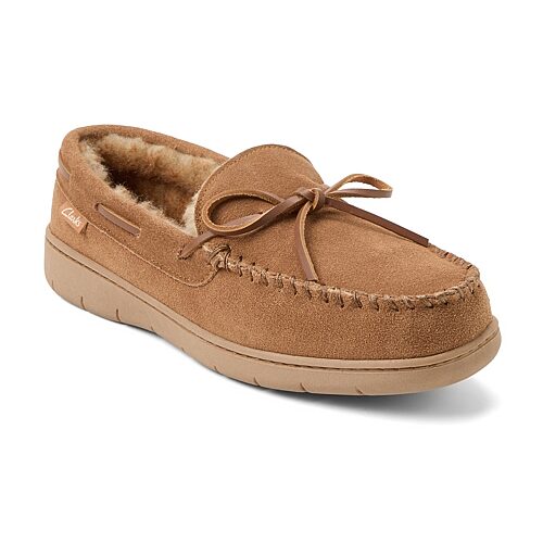 Clarks Men's Genuine Cow Suede Moccasin With Leather Lacing And Tipped Faux Fur Slippers - Cinnamon