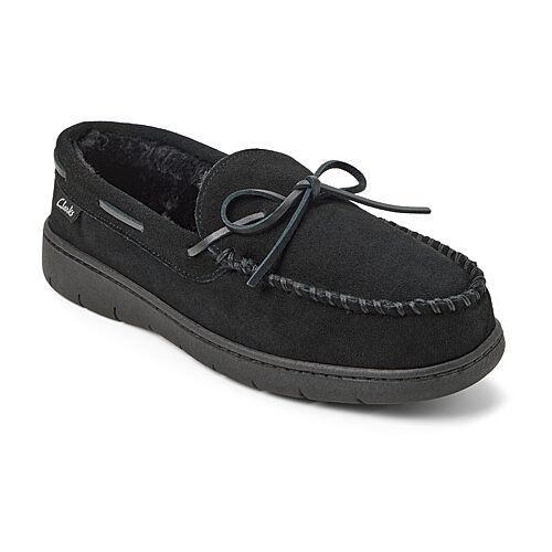 Clarks Men's Genuine Cow Suede Moccasin With Leather Lacing And Tipped Faux Fur Slippers - Black