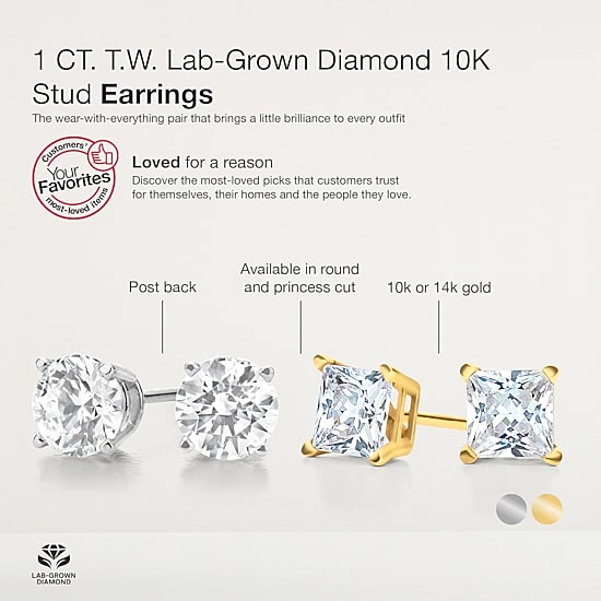 Ever Star 1 CT. T.W. Lab-Grown (G / SI1-SI2) Diamond 10K Gold Round Stud Earrings