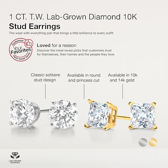 Ever Star 1 CT. T.W. Lab-Grown (G / SI1-SI2) Diamond 10K Gold Round Stud Earrings