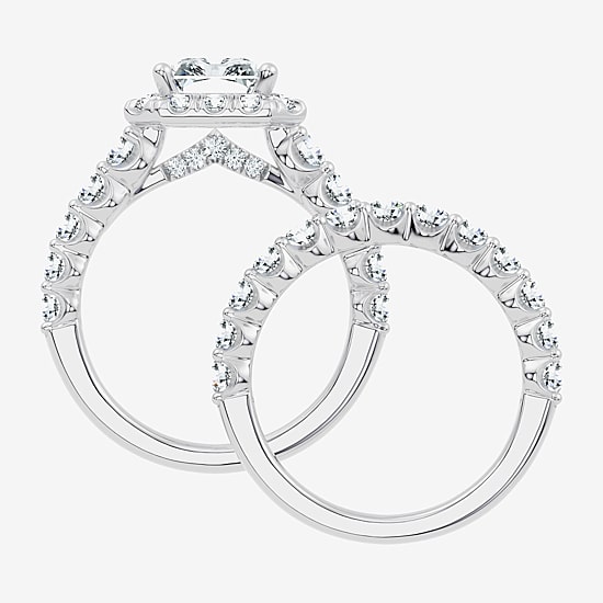 (G / Vs2-Si1) Womens 4 CT. T.W. Lab Grown White Diamond Sterling Silver Rectangular Side Stone Halo Bridal Set