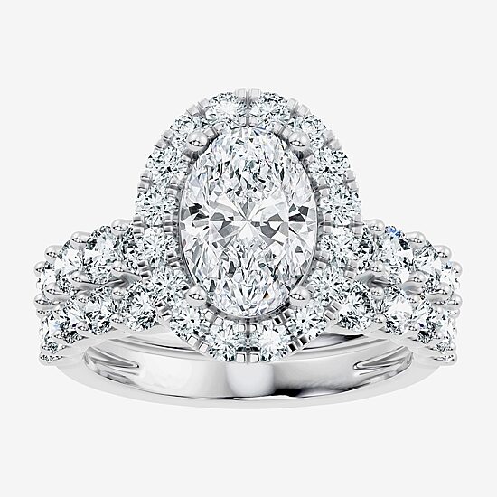 (G / Vs2-Si1) Womens 4 CT. T.W. Lab Grown White Diamond Sterling Silver Oval Side Stone Halo Bridal Set