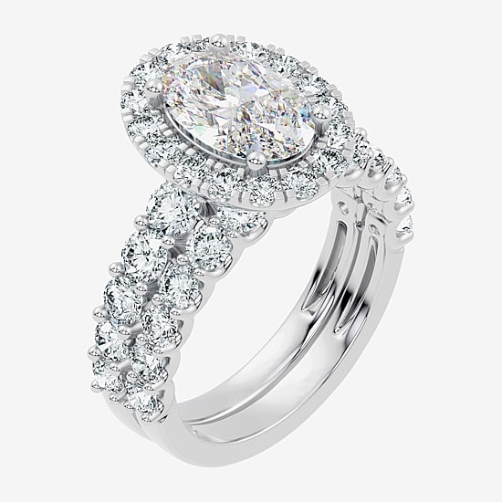 (G / Vs2-Si1) Womens 4 CT. T.W. Lab Grown White Diamond Sterling Silver Oval Side Stone Halo Bridal Set