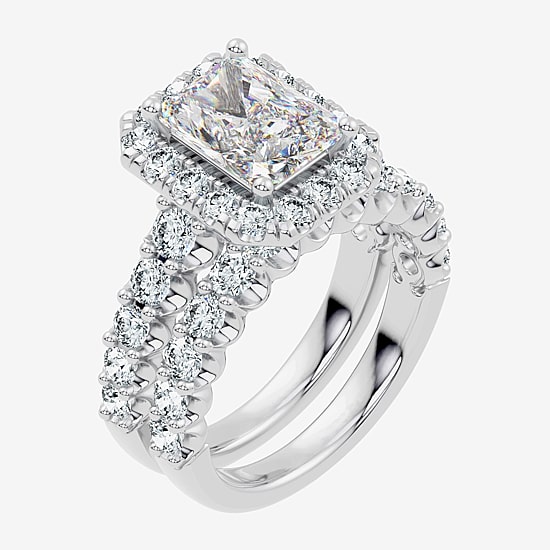 (G / Vs2-Si1) Womens 4 CT. T.W. Lab Grown White Diamond Sterling Silver Rectangular Side Stone Halo Bridal Set