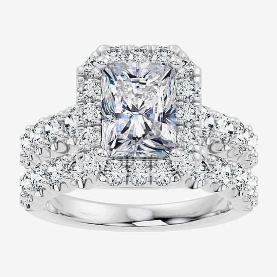 (G / Vs2-Si1) Womens 4 CT. T.W. Lab Grown White Diamond Sterling Silver Rectangular Side Stone Halo Bridal Set