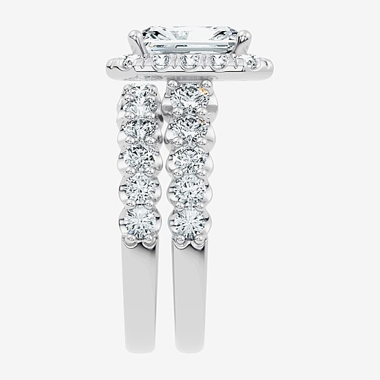 (G / Vs2-Si1) Womens 4 CT. T.W. Lab Grown White Diamond Sterling Silver Rectangular Side Stone Halo Bridal Set