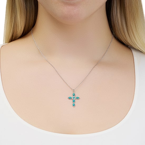 Religious Jewelry Womens Enhanced Blue Turquoise Sterling Silver Cross 18 Inch Pendant Necklace