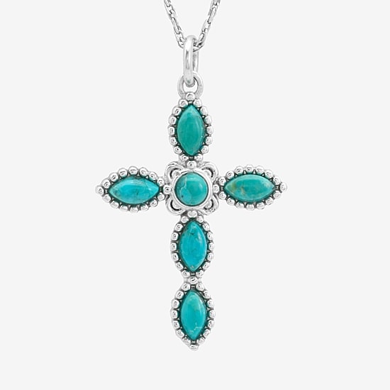 Religious Jewelry Womens Enhanced Blue Turquoise Sterling Silver Cross 18 Inch Pendant Necklace
