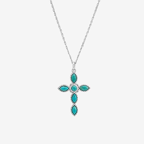 Religious Jewelry Womens Enhanced Blue Turquoise Sterling Silver Cross 18 Inch Pendant Necklace
