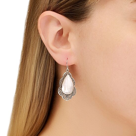 Womens White Mother Of Pearl Sterling Silver Pear Drop Earrings
