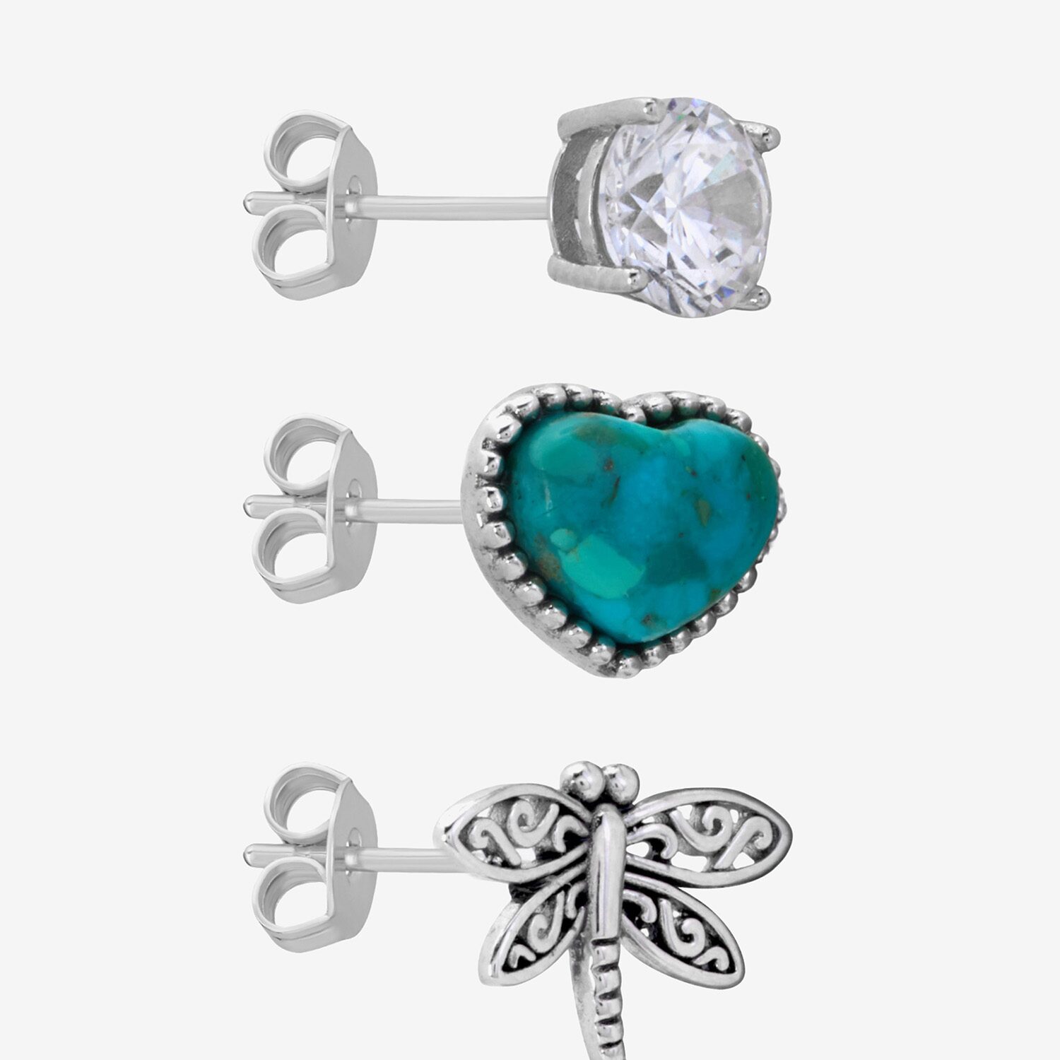 Womens Enhanced Blue Turquoise Sterling Silver 3 Pair Earring Set