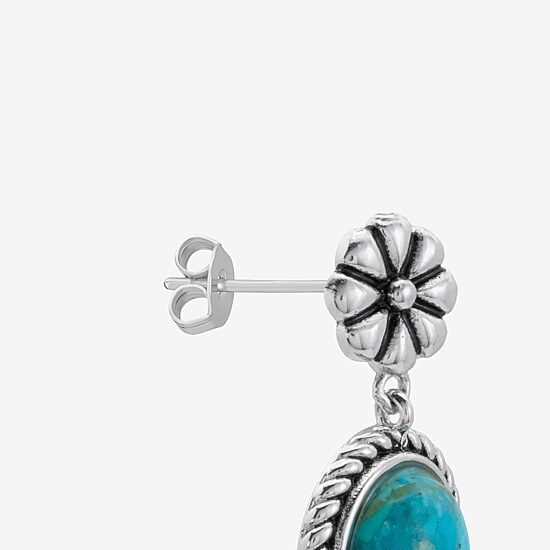 Womens Enhanced Blue Turquoise Sterling Silver Round Drop Earrings
