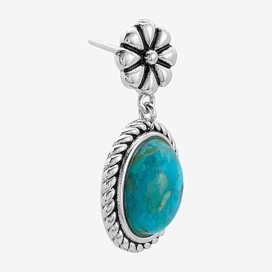 Womens Enhanced Blue Turquoise Sterling Silver Round Drop Earrings