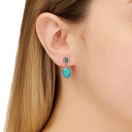 Womens Enhanced Blue Turquoise Sterling Silver Round Drop Earrings