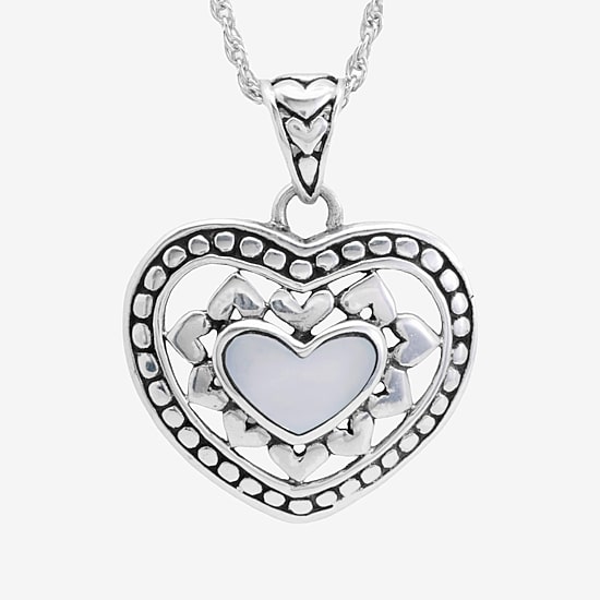 Womens Genuine White Mother Of Pearl Sterling Silver Heart 16 Inch Pendant Necklace