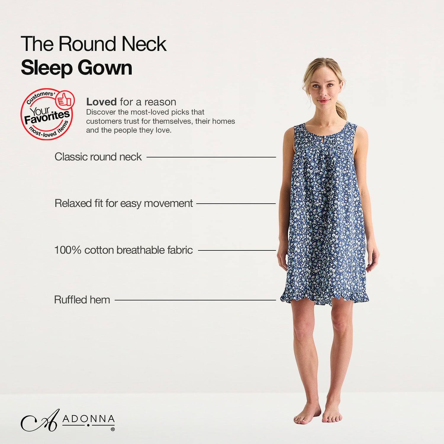 Adonna Womens Sleeveless Round Neck Nightgown