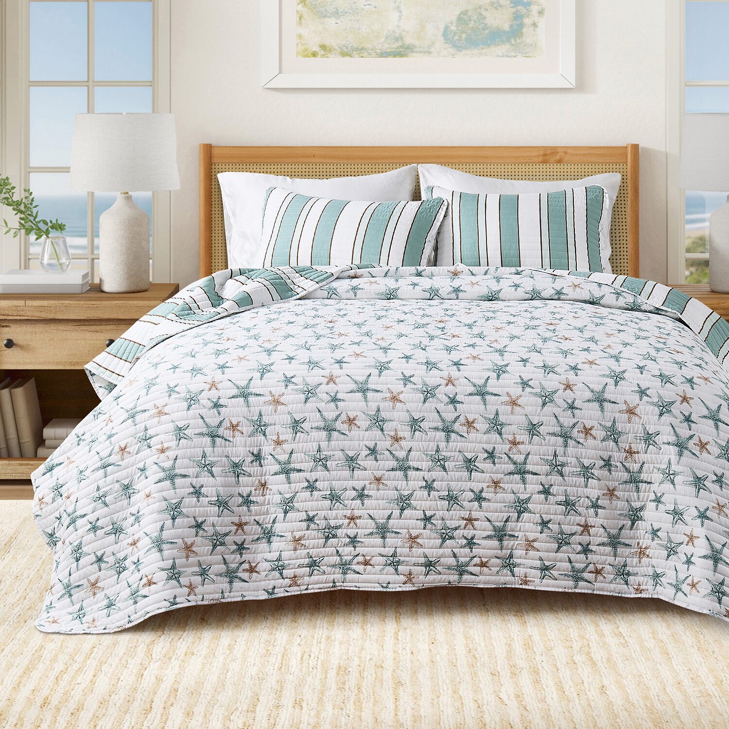 Linery Reversible Coastal Stripe Easy Care Quilt Set