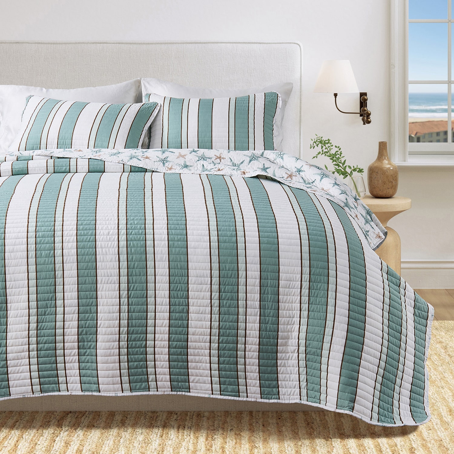 Linery Reversible Coastal Stripe Easy Care Quilt Set